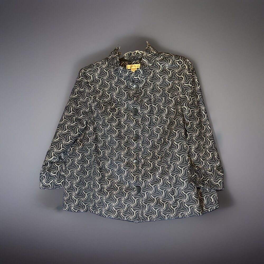 Christopher & Banks Cotton Jacket M Navy Swirl Ruffle Collar 3/4 Sleeve Button